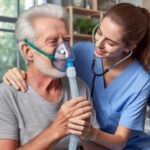 imagem médica auxiliando paciente idoso para item Drenagem postural.